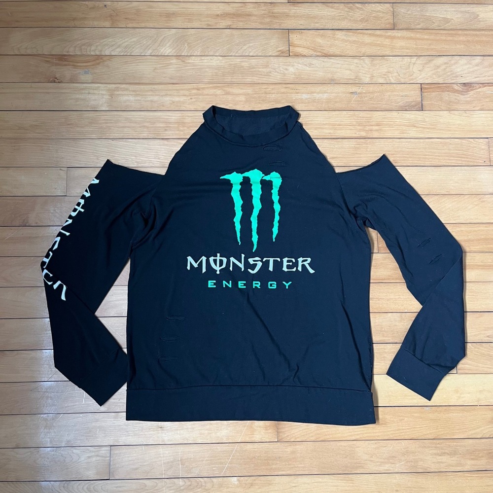 Monster Energy Black Distressed Cold Long Sleeve Shirt L Y2k Emo Grunge Goth